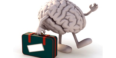 brain with arms and legs that take a suitcase, 3d illustration